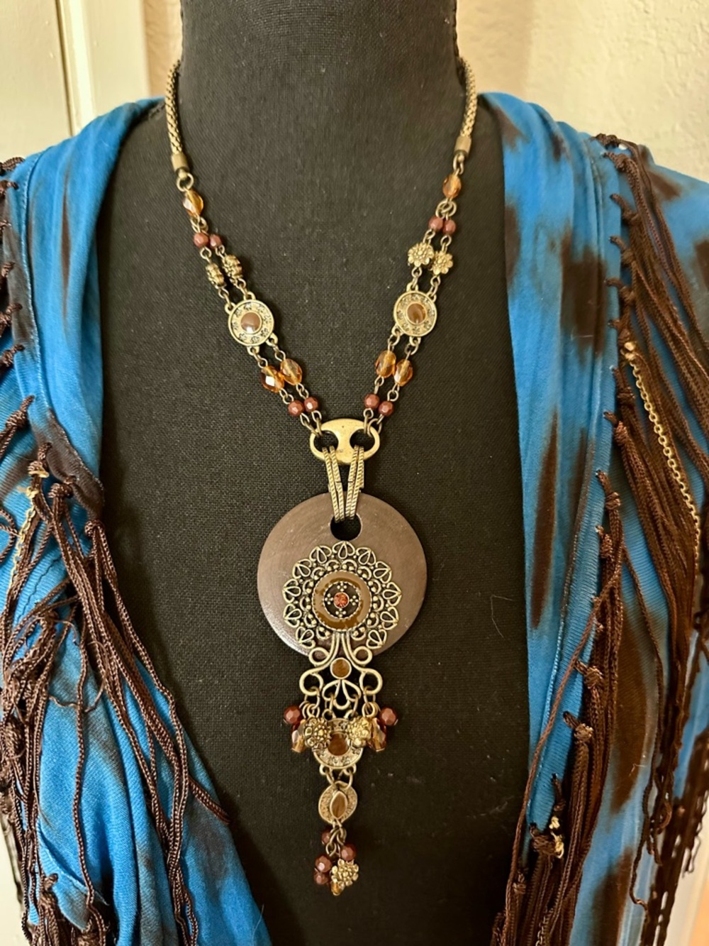 Vintage Bohemian Pendant Necklace Wood with Filigree and beadwork. Statement